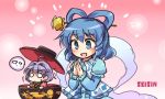  2girls blue_dress blue_eyes blue_hair bowl bowl_hat dress drill_hair hair_ornament hair_rings hair_stick hat japanese_clothes kaku_seiga minigirl multiple_girls obi object_on_head pote_(ptkan) purple_hair sash shawl short_hair sukuna_shinmyoumaru touhou trembling 