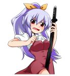  1girl bangs between_legs blush bow breasts highres holding holding_weapon katana katsumi5o long_hair looking_at_viewer open_mouth purple_hair red_eyes simple_background solo sweatdrop sword touhou watatsuki_no_yorihime weapon 