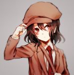  1girl :/ adjusting_clothes adjusting_hat asada_ryou black_hair blush cabbie_hat closed_mouth dress_shirt forbidden_scrollery hair_between_eyes hat long_sleeves looking_at_viewer necktie pointy_ears red_eyes red_necktie shameimaru_aya shirt short_hair solo suit_jacket touhou upper_body white_shirt 