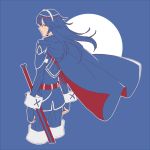  1girl blue_background blue_hair cape female fire_emblem fire_emblem:_kakusei flat_color gloves long_hair long_sleeves lucina moon pauldrons red_eyes simple_background solo solo_focus sword weapon 