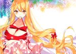  1girl bangs bare_shoulders between_breasts blonde_hair bow breasts closed_mouth collarbone detached_sleeves eyebrows_visible_through_hair fingernails floating_hair flower frills glowing large_breasts light_particles long_hair looking_at_viewer mouth_hold red_bow red_ribbon ribbon ribbon_in_mouth roh_nam_kyung sarashi shiny shiny_hair shiny_skin sleeves_past_elbows smile solo touhou upper_body very_long_hair white_background wide_sleeves wisteria yakumo_yukari yellow_eyes 