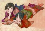  2girls arm_support artist_name barefoot black_hair brown_hair copyright crossed_arms hand_on_own_cheek japanese_clothes kimono long_hair long_sleeves looking_at_viewer lying multiple_girls on_stomach parted_lips ponytail short_hair toume_kei 