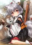  1girl animal_ears breasts detached_sleeves female inubashiri_momiji kei_kei kourindou_tengu_costume looking_at_viewer nature outdoors plant red_eyes short_hair silver_hair sky smile solo tail touhou wolf wolf_ears wolf_tail 