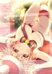  1girl bell blonde_hair blush bra breasts christmas cleavage eroriru fur_trim green_ribbon hat large_breasts legs_together looking_at_viewer lying navel on_back original panties parted_lips red_bra red_panties red_ribbon ribbon santa_hat short_hair single_thighhigh solo striped striped_legwear striped_ribbon thigh-highs underwear upside-down yellow_eyes 