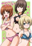  3girls bangs bare_shoulders bikini black_bikini blonde_hair blue_bikini blue_eyes blush bow_bikini braid breasts brown_eyes brown_hair cleavage collarbone cover cover_page covering covering_breasts cowboy_shot darjeeling doujin_cover embarrassed eyebrows_visible_through_hair female floral_background flower frilled_bikini frills front-tie_bikini front-tie_top girls_und_panzer ken_(haresaku) long_hair looking_at_viewer medium_breasts multiple_girls navel nishizumi_maho nishizumi_miho open_mouth pink_bikini plant short_hair siblings sisters smile standing swimsuit thighs tied_hair translated twin_braids 