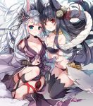  2girls bare_shoulders bell black_hair blue_eyes breasts cleavage collarbone fox_tail granblue_fantasy hair_ornament long_hair looking_at_viewer multiple_girls orange_eyes reina_(black_spider) silver_hair smile socie_(granblue_fantasy) tail yuel_(granblue_fantasy) 