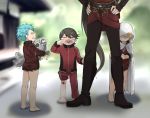  4boys barefoot black_hair blanket blonde_hair blood blue_eyes blue_hair blurry child closed_eyes crying depth_of_field fish flying_teardrops grin hands_on_hips head_out_of_frame height_difference horikawa_kunihiro izumi-no-kami_kanesada long_hair male_focus multiple_boys out_of_frame porch short_hair shorts smile soul_(tamashii) touken_ranbu track_suit very_long_hair wet wet_clothes yamabushi_kunihiro yamanbagiri_kunihiro 