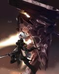  1girl android black_dress black_legwear blindfold boots breasts dress hairband high_heel_boots high_heels highres mono_(jdaj) nier_(series) nier_automata robot short_hair side_slit silver_hair solo sword thigh-highs thigh_boots weapon wire yorha_unit_no._2_type_b 