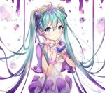  1girl aqua_eyes aqua_hair bracelet dress food food_on_face hatsune_miku highres jewelry long_hair looking_at_viewer ring snow_is_ solo twintails very_long_hair vocaloid 