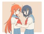  2girls adjusting_another&#039;s_clothes adjusting_clothes adjusting_neckerchief ahoge antenna_hair blue_eyes blue_hair brown_eyes crying eyebrows eyelashes female fingernails flip_flappers hair_ornament hairclip head_down kokomine_cocona long_hair looking_at_another looking_down multiple_girls neckerchief open_mouth orange_hair outside_border papika_(flip_flappers) pink_background plaid plaid_skirt profile rou_tiao sad sad_smile sailor_collar school_uniform serafuku short_hair short_sleeves skirt smile tears uniform very_long_hair wavy_mouth 