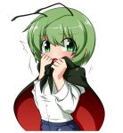  1girl antennae blush cape green_eyes green_hair highres katsumi5o open_mouth shirt short_hair solo sweatdrop touhou white_shirt wriggle_nightbug 