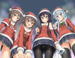  4girls :d akatsuki_(kantai_collection) alternate_costume black_eyes black_hair black_legwear blue_hair brown_eyes brown_hair capelet carrying christmas fake_mustache folded_ponytail from_below hair_ornament hairclip hat hibiki_(kantai_collection) ikazuchi_(kantai_collection) inazuma_(kantai_collection) kantai_collection long_hair multiple_girls nedia_r open_mouth panties pantyhose pantyshot pantyshot_(standing) pleated_skirt sack santa_costume santa_hat short_hair skirt smile standing thigh-highs underwear white_panties zettai_ryouiki 