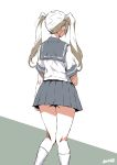  1girl artist_name ass blonde_hair character_request commentary_request copyright_request from_behind grey_skirt joy_ride kneehighs kneepits long_hair pleated_skirt school_uniform serafuku short_sleeves signature skirt sleeve_cuffs solo standing twintails two-tone_background white_legwear 