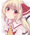  1girl asa_(coco) ascot bangs blush bow closed_mouth expressionless flandre_scarlet frilled_shirt_collar frills from_side hair_bow long_ponytail looking_at_viewer red_eyes red_vest shirt short_hair short_sleeves side_ponytail slit_pupils solo touhou upper_body vest white_shirt wings 