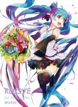  1girl apapico aqua_hair blue_hair bouquet character_name detached_sleeves double_bun flower full_body hatsune_miku highres long_hair necktie open_mouth skirt solo thigh-highs twintails very_long_hair vocaloid white_background 