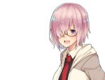  1girl :d crying crying_with_eyes_open fate/grand_order fate_(series) glasses hair_over_one_eye highres looking_at_viewer open_mouth purple_hair shielder_(fate/grand_order) short_hair simple_background smile solo streaming_tears tears tsukamoto_minori violet_eyes white_background 