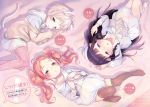  3girls :3 animal_ears bangs bed_sheet black_hair blue_eyes blunt_bangs blush braid brown_legwear cat_ears cat_tail character_name feet green_eyes hair_ornament hair_ribbon hairclip henreader highres komori_sana kyou_kara_ore_wa_loli_no_himo! long_hair looking_at_viewer lying multiple_girls nijou_touka no_shoes off_shoulder open_mouth orange_hair pantyhose parted_bangs print_legwear pullover purple_hair ribbon school_uniform short_hair silver_hair skirt sleeves_past_wrists tail tanzawa_chizuru thigh-highs translation_request twin_braids twintails violet_eyes zettai_ryouiki 