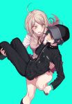  1boy 1girl ahoge akamatsu_kaede aqua_background baseball_cap beamed_quavers beamed_semiquavers black_hair black_hat blonde_hair blush carrying covering_mouth dangan_ronpa gakuran hat long_hair musical_note musical_note_hair_ornament necktie new_dangan_ronpa_v3 open_mouth orange_necktie pinstripe_pattern pleated_skirt princess_carry purple_skirt quaver saihara_shuuichi school_uniform semiquaver short_hair simple_background skirt sweater_vest violet_eyes zuizi 