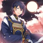  1boy black_gloves blue_eyes blue_hair cherry_blossoms full_moon gloves japanese_clothes juugonichi_(wheeliex2) male_focus mikazuki_munechika moon night petals sayagata smile touken_ranbu tree 