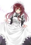  1girl apron apron_lift artist_name bangs breasts brown_hair collared_shirt frilled_apron frills green_eyes hair_between_eyes highres juliet_sleeves large_breasts long_hair long_sleeves looking_at_viewer maid maid_headdress open_mouth original puffy_sleeves shirt signature smile solo tokki white_background 