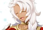  1boy braid closed_eyes dark_skin fate/grand_order fate_(series) long_hair male_focus open_mouth reito6 smile solo solomon_(fate/grand_order) spoilers upper_body white_background white_hair 