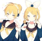  1boy 1girl :d alternate_hairstyle birthday blonde_hair blue_eyes blue_sweater bow camisole closed_mouth earmuffs fingernails flat_chest floral_background fur_trim hair_bow kagamine_len kagamine_rin light_particles long_sleeves looking_at_viewer low_twintails lpip matching_outfit neckerchief open_mouth paw_pose pointing pointing_at_self ponytail ribbon sailor_collar smile spaghetti_strap sweater twintails upper_body vocaloid white_background white_bow white_ribbon 