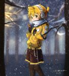  1boy artist_request black_legwear blonde_hair coat english_commentary gloves gloves_removed headphones highres kagamine_len looking_at_object male_focus night outdoors phone scarf shorts snow solo tagme vocaloid winter_clothes 