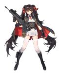  1girl belt black_gloves black_hair boots boots_holster brown_eyes buttons cape closed_mouth eyebrows eyebrows_visible_through_hair fingerless_gloves full_body girls_frontline gloves gun hair_between_eyes hair_ribbon highres holding holding_gun holding_weapon holster long_twintails looking_at_viewer necktie official_art personification pleated_skirt qbz-97 qbz-97_(girls_frontline) red_ribbon ribbon skirt smile solo standing strap thigh-highs transparent_background trigger_discipline twintails weapon white_legwear 