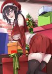  1girl bare_shoulders black_hair black_legwear blue_eyes box breasts christmas christmas_tree commentary_request detached_sleeves gift gift_box gloves hat indoors leaning_forward long_hair looking_at_viewer looking_down medium_breasts midriff open_mouth original pleated_skirt red_gloves red_skirt sack santa_costume santa_hat skirt solo under_boob yukiguni_yuu 
