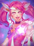  1girl :d bow bowtie choker earrings gloves headband holding holding_staff jewelry league_of_legends leng long_hair looking_at_viewer luxanna_crownguard magic magical_girl open_mouth outstretched_arm pink_hair purple_bow purple_bowtie round_teeth smile staff star star_guardian_lux teeth twintails white_gloves white_pupils 