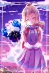  &gt;:) 1girl :o backpack bag blonde_hair blush border closed_eyes clouds commentary_request cosmog cowboy_shot drawstring eyelashes flower hands_up horizon lillie_(pokemon) ocean pleated_skirt pokemon pokemon_(creature) pokemon_(game) pokemon_sm ponytail putto short_sleeves skirt star_(sky) sunset water 