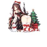  1girl ass blush brown_hair christmas christmas_tree detached_sleeves gift girls_frontline gun hair_ornament hat long_hair looking_at_viewer m21 m21_(girls_frontline) multicolored_hair official_art panties redhead revision rifle santa_costume santa_hat skirt snowman solo spaghetti_strap striped striped_legwear thigh-highs torn_clothes torn_skirt transparent_background underwear weapon white_panties x_x 