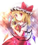  1girl ascot blonde_hair blush bow closed_mouth cowboy_shot crystal flandre_scarlet frilled_shirt_collar frills from_side hat hat_bow looking_at_viewer looking_to_the_side minust mob_cap red_bow red_eyes red_skirt red_vest short_sleeves side_ponytail skirt slit_pupils solo touhou vest wings 