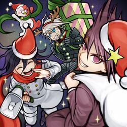  3boys ahoge android antlers bear bell bell_collar black_hair christmas clenched_teeth closed_eyes collar dangan_ronpa facial_hair fake_antlers gift goatee green_scarf hat highres jingle_bell keebo looking_at_viewer male_focus megaphone momota_kaito monotarou_(dangan_ronpa) multiple_boys new_dangan_ronpa_v3 night night_sky ouma_kokichi pacifier power_armor red_hat red_scarf rokuichi_(bluelamp61) sack santa_hat scarf short_hair signature silver_hair sky smile sparkle spiky_hair star star_(sky) straitjacket sweat teeth violet_eyes white_skin 