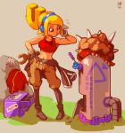  1girl black_legwear blonde_hair boots breasts clothes_around_waist crop_top culottes ear_protection gloves half_updo headphones jacket_around_waist joakim_sandberg machinery mechanic monster pigeon-toed robin_(the_iconoclasts) small_breasts solo sweat the_iconoclasts wrench 