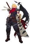  1boy alternate_costume bandage blonde_hair cape cloud_strife demon_wings diaodiao final_fantasy final_fantasy_vii gauntlets highres huge_weapon kingdom_hearts single_wing solo weapon wings 