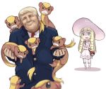  1boy 1girl :o angry bag bangs blonde_hair blunt_bangs blurry braid clenched_teeth closed_eyes collared_dress d: depth_of_field donald_trump dress duffel_bag formal gradient green_eyes hat head_tilt holding holding_strap lillie_(pokemon) long_hair look-alike open_mouth poke_ball_theme pokemon pokemon_(creature) pokemon_(game) pokemon_sm real_life shaded_face sharp_teeth short_hair simple_background sleeveless sleeveless_dress suit sukemyon sun_hat sundress surprised sweat teeth twin_braids white_dress yungoos 