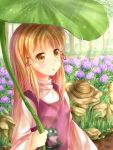  1girl blonde_hair brown_eyes chu_qing flower frog highres holding hydrangea long_hair moriya_suwako outdoors purple_flower solo touhou 