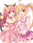  2girls :d ;d animal_ears armband bare_shoulders bell blonde_hair blue_eyes breasts bubble_skirt cat_ears cat_tail choker cleavage crossover dress fang female frilled_dress frills gloves happy idol jewelry jingle_bell large_breasts long_hair magical_girl mermaid_melody_pichi_pichi_pitch mew_ichigo momomiya_ichigo multiple_girls nanami_lucia necklace one_eye_closed open_mouth pink_dress pink_eyes pink_gloves pink_hair pointing rento_(rukeai) short_hair skirt sleeveless sleeveless_dress smile standing strapless strapless_dress tail tokyo_mew_mew twintails wink 