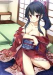  1girl alternate_costume bare_shoulders black_hair breasts cleavage collarbone covering covering_breasts hair_ornament japanese_clothes kantai_collection kimono looking_at_viewer ponytail red_eyes seiza sheita sitting sliding_doors solo tatami yahagi_(kantai_collection) 