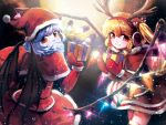  2girls antlers bat_wings blonde_hair blue_hair bow box braid capelet christmas earmuffs fake_antlers fake_beard flandre_scarlet full_moon fur-trimmed_hat fur_trim gift gift_box gloves grin hair_between_eyes hair_bow hair_ribbon hat highres hijiwryyyyy long_sleeves looking_at_viewer looking_back mittens moon multiple_girls night red_bow red_eyes red_gloves red_hat red_shirt red_skirt reindeer_antlers remilia_scarlet ribbon santa_costume santa_hat shirt short_hair side_braid side_ponytail skirt smile snowing sparkle striped striped_bow thigh-highs touhou tress_ribbon wings zettai_ryouiki 