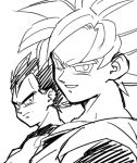  2boys black_eyes black_hair dragon_ball dragonball_z looking_at_viewer male_focus monochrome multiple_boys official_style petagon serious short_hair simple_background smile son_gokuu spiky_hair super_saiyan vegeta white_background 