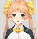  1girl 8_beat_story blush bow brown_hair character_request ekao green_eyes grey_background hair_bow long_hair open_mouth school_uniform smile solo sweat sweatdrop twintails 