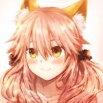  1girl amano-sora animal_ears blush collarbone fate/extra fate/grand_order fate_(series) fox_ears jewelry light_smile looking_up necklace pink_hair solo tamamo_(fate)_(all) tamamo_no_mae_(fate) twintails yellow_eyes 