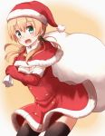  1girl :d bell black_legwear blonde_hair blush capelet christmas_tree_hair_ornament cowboy_shot elbow_gloves fur-trimmed_dress fur-trimmed_gloves gift_bag gloves green_eyes hair_ornament hat highres kantai_collection kapatarou open_mouth prinz_eugen_(kantai_collection) santa_costume santa_hat smile solo thigh-highs twintails 