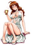  1girl ahoge arpeggio_el_lalena bare_shoulders barefoot blush breasts breasts_apart brown_eyes brown_hair cleavage cup dress drunk erect_nipples gate_-_jieitai_ka_no_chi_nite_kaku_tatakaeri highres jewelry large_breasts long_hair looking_at_viewer navel necklace no_bra sao_satoru sitting sleeveless sleeveless_dress smile solo white_dress 