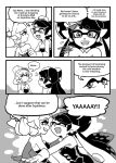  +_+ 2girls aori_(splatoon) arm_grab comic detached_collar domino_mask earrings english fangs flying_sweatdrops food food_on_head gloves greyscale grin highres hotaru_(splatoon) jewelry long_hair looking_at_another mask mole mole_under_eye monochrome multiple_girls object_on_head open_mouth parted_lips pointing pointing_up pointy_ears sharp_teeth short_hair smile splatoon strapless teeth tentacle_hair upper_body wong_ying_chee 