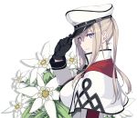  1girl adjusting_clothes adjusting_hat black_gloves blonde_hair breasts capelet flower from_side gloves graf_zeppelin_(kantai_collection) hat jacket kantai_collection large_breasts lips long_hair long_sleeves looking_at_viewer peaked_cap plant rokuwata_tomoe simple_background smile twintails upper_body violet_eyes white_background white_hat white_jacket 