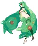  1girl bangs barefoot breasts bright_pupils closed_mouth detached_sleeves facial_mark full_body green green_eyes green_hair green_legwear groin highres kz_609 leggings long_hair long_sleeves navel personification pokemon pokemon_(game) pokemon_bw prehensile_hair reuniclus see-through sideboob simple_background small_breasts solo toeless_legwear very_long_hair white_background 