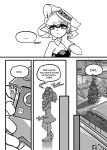  +_+ ... 1girl ankle_boots boots cellphone christmas_tree comic detached_collar domino_mask dress earrings english gloves greyscale highres holding hotaru_(splatoon) jewelry mask mole mole_under_eye monochrome phone pointy_ears short_dress short_hair smartphone splatoon spoken_ellipsis standing strapless strapless_dress tentacle_hair wong_ying_chee 